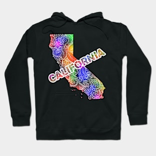 Colorful mandala art map of California with text in multicolor pattern Hoodie